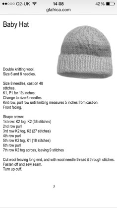 the baby hat is knitted in grey and white, with instructions on how to use it