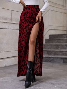 Red Sexy Collar  Fabric Graphic Slit Embellished Non-Stretch  Women Clothing Thigh Skirt, Traditional Skirts, Women Tie, Women Skirts, Style Noir, Women Maxi, Basic Tops, Easy Wear, Elegant Woman