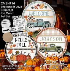 a bunch of pumpkins and plates with the words, welcome to fall on them