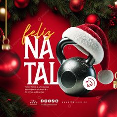 a kettle and christmas decorations on a red background with the words reia na tal