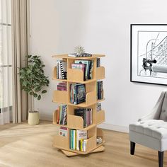 a bookshelf in the corner of a living room