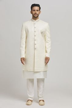 White sherwani embellished by sequins on a geometric pattern base. Comes with inner kurta and pant. - Aza Fashions Bandhgala Straight Kurta For Diwali Reception, Diwali Reception Bandhgala Straight Kurta, Dabka Nehru Jacket For Reception Diwali, Diwali Reception Nehru Jacket With Dabka Detailing, Dabka Nehru Jacket For Diwali Reception, White Sherwani, Collar Kurta, Cotton Kurta, Pant Set