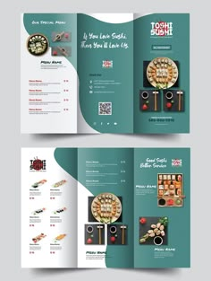 a brochure that is designed to look like a restaurant menu with sushi on it