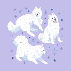 three white dogs sitting on top of each other in front of stars and snowflakes