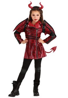 PRICES MAY VARY. Elastic,Polyester Size: Small COSTUME INCLUDES: This Leather Devil Costume for kids features a leatherlike twill jacket, moto leggings, red devil wings, and red devil horns. FROM THE FUN COMPANY: We're just crazy about costumes and we proudly offer the best Halloween costumes around. If your little one has had enough with cute she can try being devilish with this girl's leather devil costume! DETAILS THAT MATTER: This girl's devil costume puts a fashionable spin on a devil outfi Devil Wings, The Best Halloween Costumes, Costume For Girls, Devil Costume, Devil Horns, Red Gloves, Costume Store, Legging Fits, Faux Suede Jacket