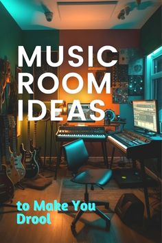 a room filled with musical instruments and desks in front of a computer screen that reads, music room ideas to make you drool