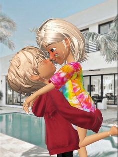 an animated image of two people kissing in front of a swimming pool