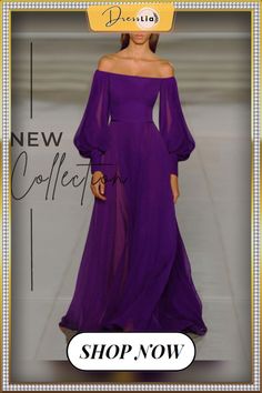 Solid Off Shoulder Elegant Women Fashion Maxi Dresses Spring Purple Maxi Dress For Banquet, Purple Maxi Dress For Summer Banquet, Purple Summer Maxi Dress For Banquet, Summer Purple Maxi Dress For Banquet, Chiffon Long Dress, Vacation Tops, Formal Gown, Dresses By Length, Style Maxi Dress