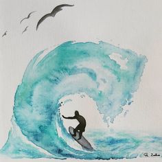 a drawing of a man riding a wave on a surfboard with birds flying around