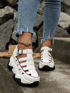 Women Cut Out Buckle Decor Wedge Sneakers, Sporty Outdoor Wedge Sneakers White         Women Shoes, size features are:Bust: ,Length: ,Sleeve Length: Affordable Trendy Wedge Sneakers With Round Toe, Wedge Heel Tennis Shoes, Wedge Sneaker With Leggings, Cheap Wedge Heel Sneakers For Spring, Hidden Heel Sneakers, Buffalo Sneakers, Wedges Sneakers, Sneakers Patterns, Sport Shoes Fashion