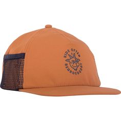 an orange hat with a patch on the front