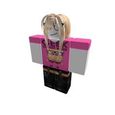 a lego figure with blonde hair wearing a pink shirt and black pants, standing in front of a white background