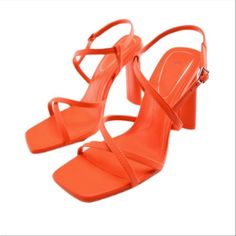 Zara Heels Orange Color Orange Shoes Heels, Style Wedding Guest, Orange High Heels, Heels Orange, Zara Pumps, Zara Strappy, Feather Sandals, Lavender Brown, Orange Heels