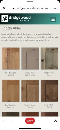 the website for knotty alder is displayed on an iphone screen, showing different types of wood