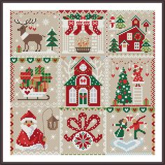 a cross stitch christmas scene with santa and other holiday items, including houses, trees, gifts