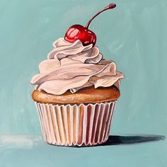 a painting of a cupcake with white frosting and a cherries on top