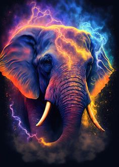 an elephant's head is shown with bright colors and lightning in the sky behind it