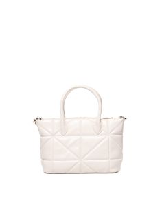 -Hand bag -Shiny quilted effect decoration -Handles for carrying on the shoulder or by hand -Double shoulder strap: one with chains, the other with eco-leather shoulder strap -Colour: Ivory Quilted Leather Bag With Double Handle, White Quilted Top Handle Bag, Formal Quilted Tote Shoulder Bag, Quilted Leather Shoulder Bag With Double Handle, White Quilted Evening Bag, Chic Quilted Shopping Bag, Quilted Leather Evening Bag, Quilted Leather Satchel Bags, Quilted Leather Shoulder Bag For On-the-go