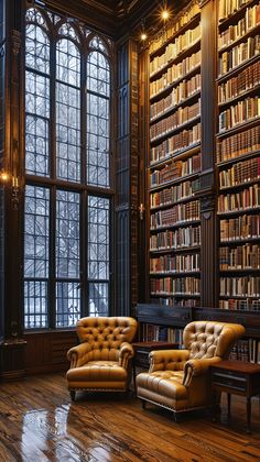 two leather chairs in front of a bookshelf filled with lots of bookcases