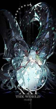 an anime character with wings and stars on her head, in front of a black background