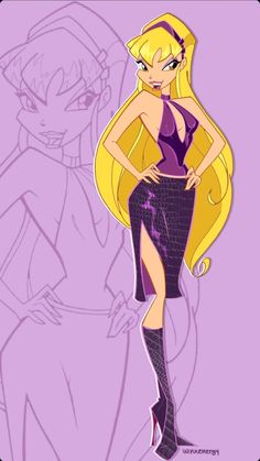 a drawing of a woman with long blonde hair and high heels standing in front of a purple background