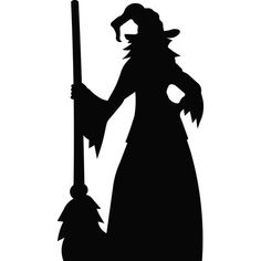 a black and white silhouette of a witch holding a broom