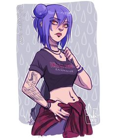 a drawing of a woman with purple hair and tattoos on her chest, wearing a black shirt