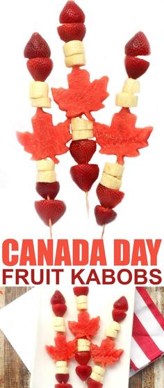 some strawberries and bananas are arranged in the shape of maple leaves on a stick