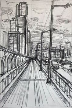 a pencil drawing of a train station with buildings in the background and cars on the tracks