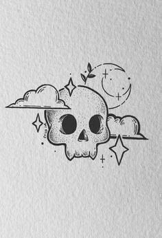 a drawing of a skull with stars and clouds