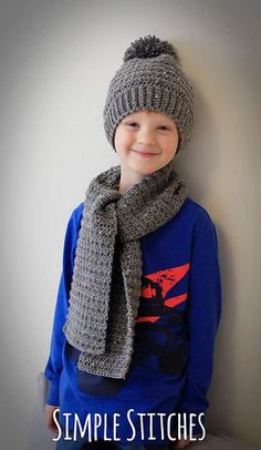 a young boy wearing a gray knitted hat and scarf with text overlay that reads, simple stitches