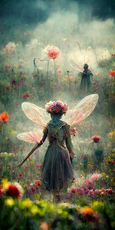 two fairy - like figures in the middle of a field full of flowers and plants