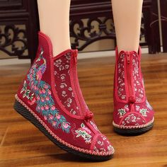 Flat-bottomed Spring and Summer Single-boot Ethnic Embroidered Shoes Casual Boots With Floral Embroidery And Round Toe, Bohemian Boots With Flat Heel For Festival, Embroidered Red Boots With Round Toe, Red Embroidered Boots With Round Toe, Traditional Embroidered Boots For Spring, Embroidered Closed Toe Winter Boots, Bohemian Embroidered Boots With Round Toe, Bohemian Embroidered Round Toe Boots, Traditional Boots With Floral Embroidery And Round Toe