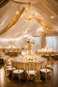 an elegant wedding reception with gold and white decor