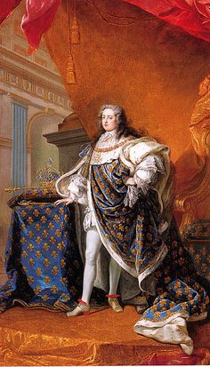 a painting of a man in white and blue clothing standing next to a gold chair