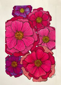 some pink and purple flowers on a white paper with watercolor pencils in it