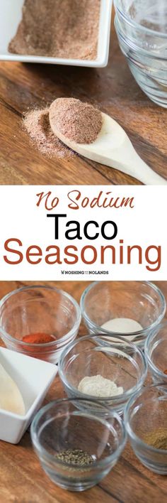 the ingredients for homemade taco seasoning are shown in bowls on a wooden table