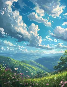 a painting of the sky and clouds over a green valley with flowers on it's side