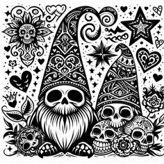 a black and white drawing of an gnome surrounded by skulls