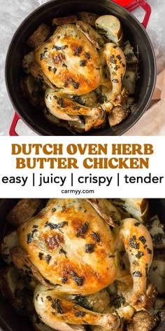 two images showing how to cook chicken in a dutch oven