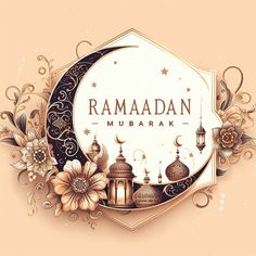 the ramadan mubarak greeting card is decorated with flowers and arabic calligraphy