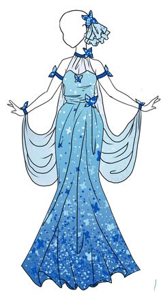 a drawing of a woman in blue dress with stars on her shoulders and arms outstretched