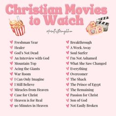 the christian movies to watch list is shown on a pink background with hearts and popcorn