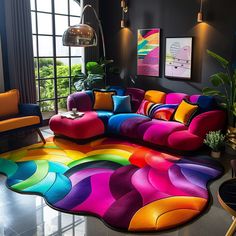 a living room filled with lots of colorful furniture