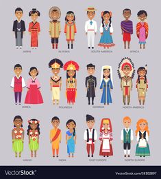 an illustrated set of people from different countries and nationalitiess in traditional dress, with the names