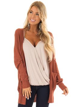 Brick Long Sleeve Cardigan with Side Pockets Sleeve Cardigan, Cute Woman, Mom Style, Long Sleeve Cardigan, Boutique Clothing, Lush