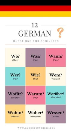 the 12 german words for beginners are shown in different colors and font, with one word