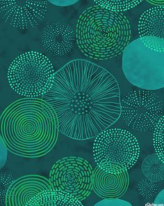 blue and green circles are arranged in the shape of an abstract pattern on a black background