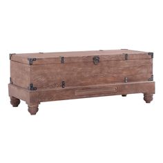 an old wooden trunk with metal handles and latches on the bottom, sitting against a white background