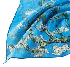 Material: 100% silk Size: 61" x 17" (155 cm x 43 cm) Color: blue Pattern: classic painting "Almond Blossoms" By Van Gogh This long silk scarf is made of 100% mulberry crepe silk which has a slightly crinkled texture with a gentle, graceful drape. Classic painting print. Very soft and comfortable. A nice silk scarf as well as a beautiful artwork. Almond Blossoms, Brown And Turquoise, Klimt Paintings, Long Silk Scarf, Brands Fashion, Almond Blossom, Silk Scarf Painting, Fashion Scarves, Classic Paintings